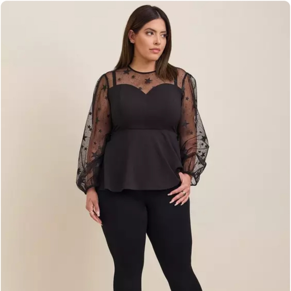 Htf Torrid peplum stretch woven glitter star organza mesh top size 2 2x new year
